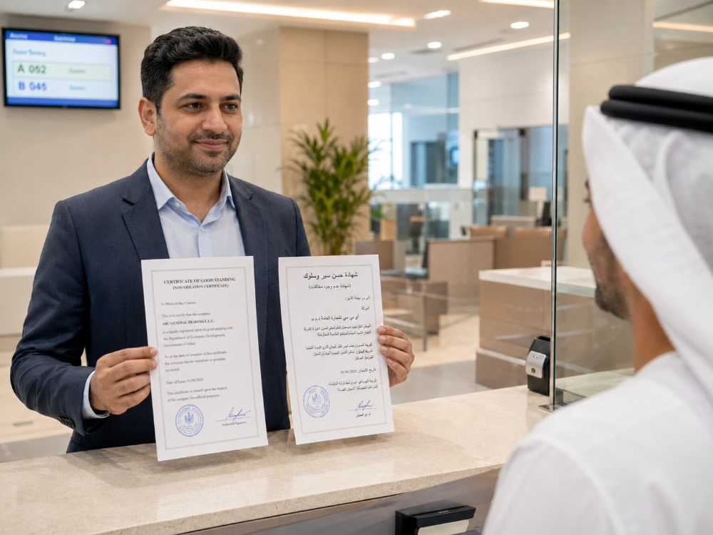 Professional submitting certified Arabic translation of legal documents at UAE government office